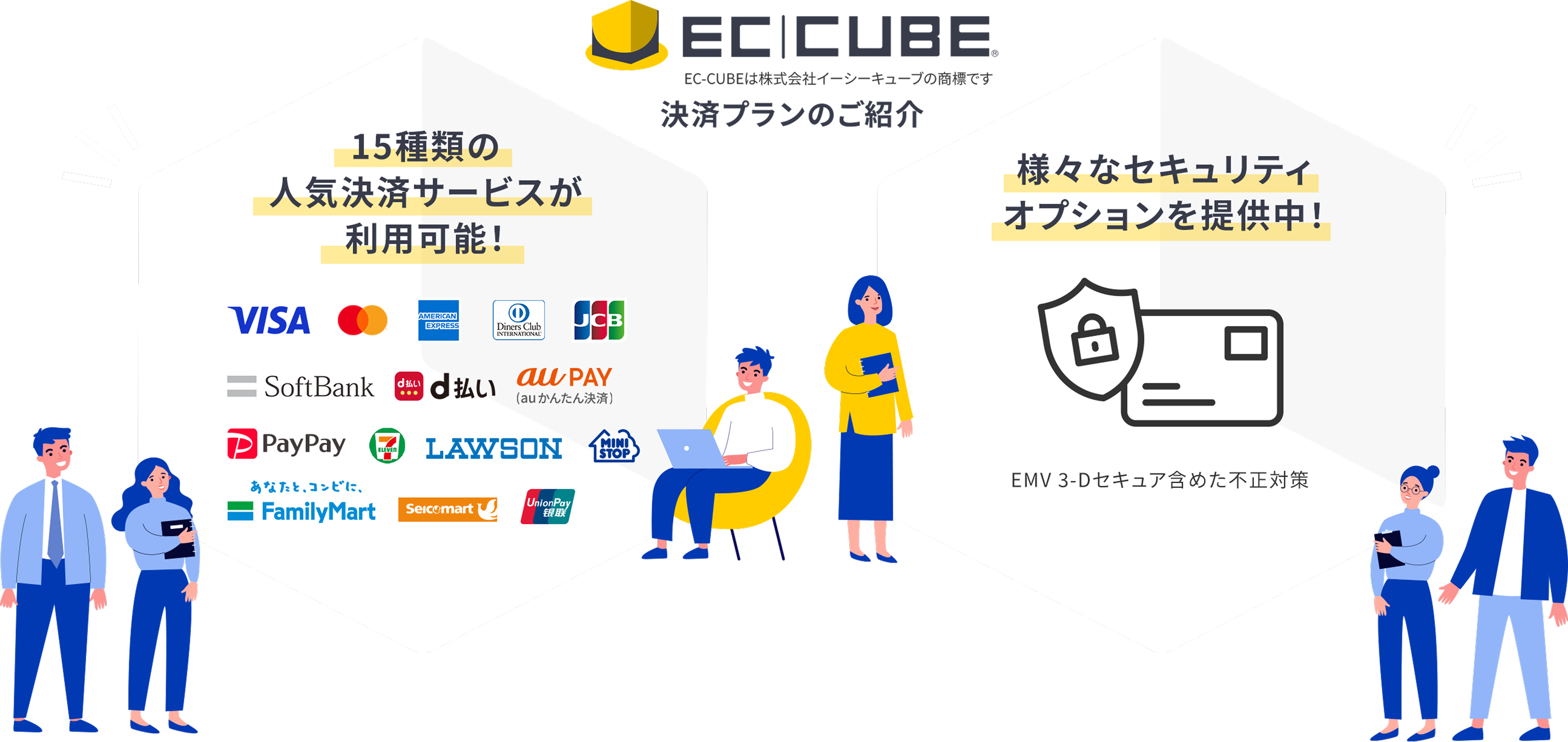 SBペイメントサービスのEC-CUBEの決済プランでは、様々なセキュリティオプションを提供中！EMV 3-Dセキュアを含めた不正対策。15種類の人気決済サービスが利用可能！